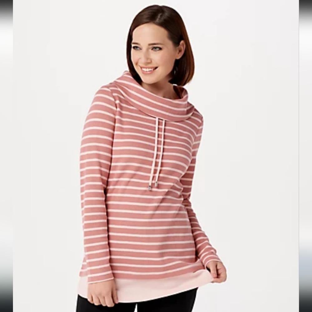Denim & Co Pink Striped Waffle Knit Tunic w/Solid Trim Sz S